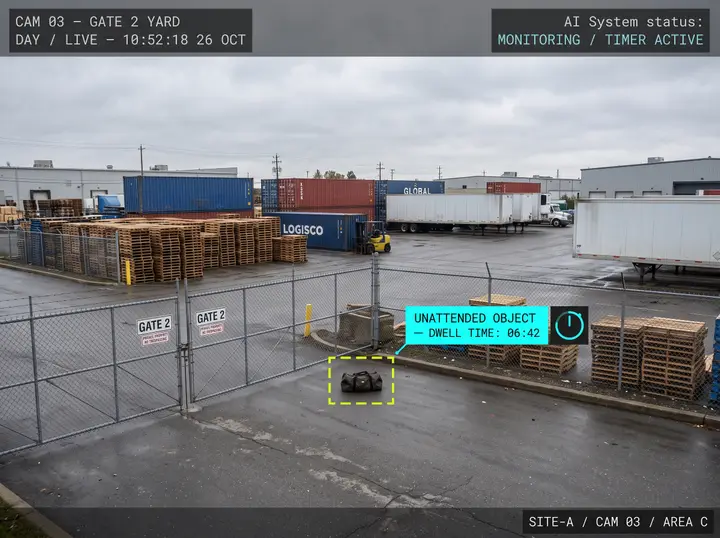 Nsightify highlighting an unattended bag left in a restricted perimeter zone with a dwell-time alert