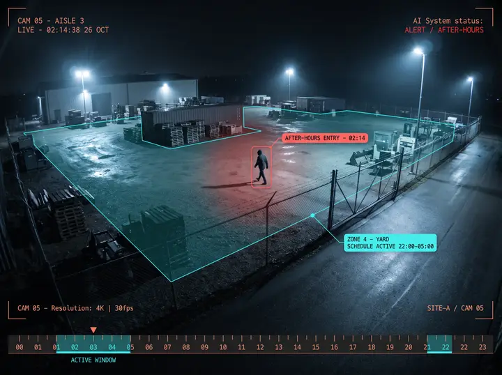 Nsightify raising an after-hours entry alert as a person walks into a scheduled yard zone at 02:14
