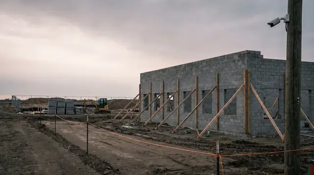 A partly built concrete block wall braced with timber on a construction site, with a strip of ground in front of it marked off by an orange rope line and a security camera on a wooden pole watching it.