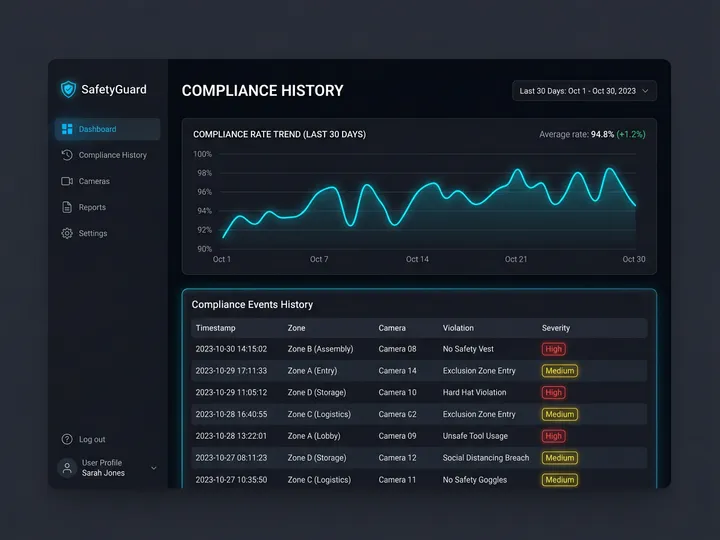 Nsightify compliance log listing timestamped PPE violations by zone