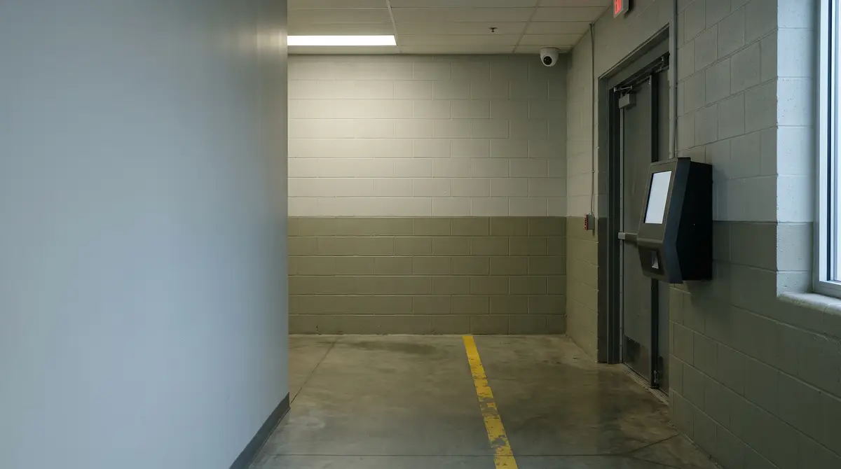 An empty industrial employee entrance corridor with a blank wall-mounted time clock beside a steel door and a small dome camera in the ceiling corner.