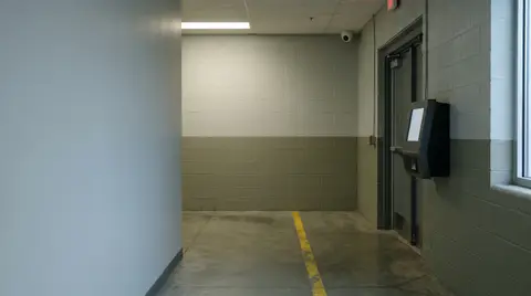 An empty industrial employee entrance corridor with a blank wall-mounted time clock beside a steel door and a small dome camera in the ceiling corner.