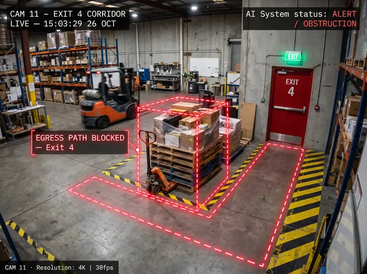 Nsightify detecting a loaded pallet blocking the egress path to a marked emergency exit and generating an obstruction alert
