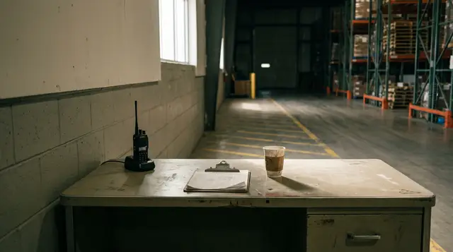 An empty shift supervisor's desk at the edge of a distribution centre floor, with a two-way radio on its charger and a clipboard, in flat daylight.