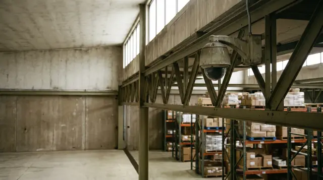 A ceiling-mounted security camera on a steel roof truss inside a distribution warehouse, with racking and concrete floor out of focus below in flat daylight.