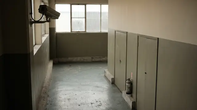 A long internal corridor in an industrial facility, with a wall-mounted security camera in the foreground angled away down the corridor past two plain closed doors.
