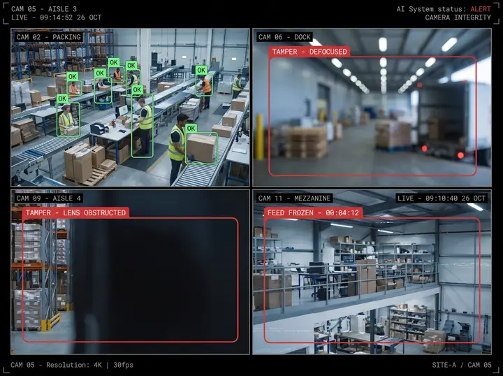 Four warehouse camera feeds in Nsightify, one healthy and three flagged as defocused, lens-obstructed and frozen