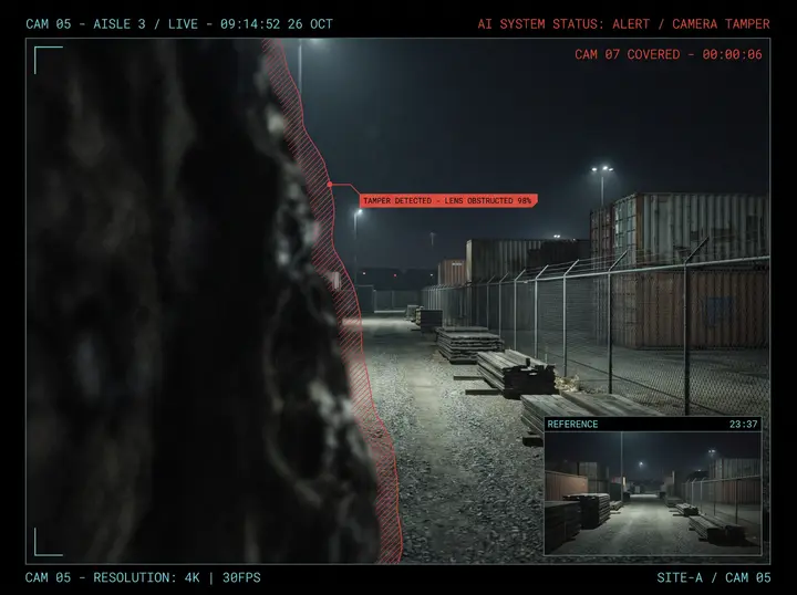 Nsightify detecting a perimeter camera lens that has been obstructed, shown beside the same camera's clear reference view