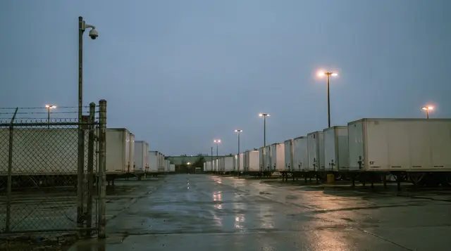 A trailer drop lot at dusk, rows of plain parked trailers behind a chain-link fence, with a pole-mounted camera and yard lights and no one in view.