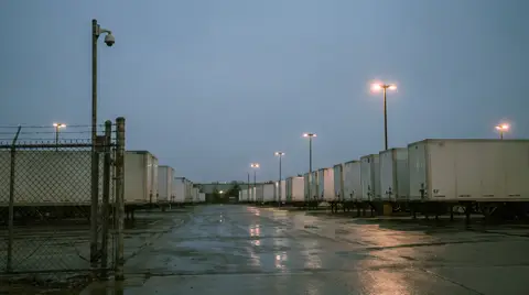 A trailer drop lot at dusk, rows of plain parked trailers behind a chain-link fence, with a pole-mounted camera and yard lights and no one in view.