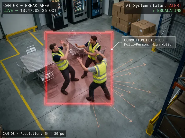 Nsightify detecting sudden multi-directional movement in a warehouse aisle consistent with a commotion event