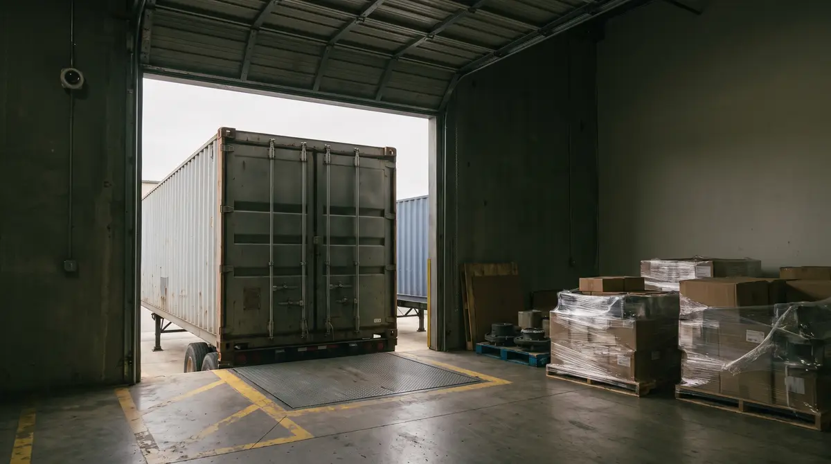 A shipping container on a chassis backed up to the open door of a factory's receiving dock, seen from inside, with a dome security camera on the wall beside the door and wrapped pallets of parts staged to one side.
