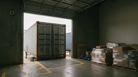 A shipping container on a chassis backed up to the open door of a factory's receiving dock, seen from inside, with a dome security camera on the wall beside the door and wrapped pallets of parts staged to one side.