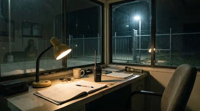 An open logbook and a two-way radio under a desk lamp in a guardhouse at night, with a closed gate and a floodlit fence line in the window.