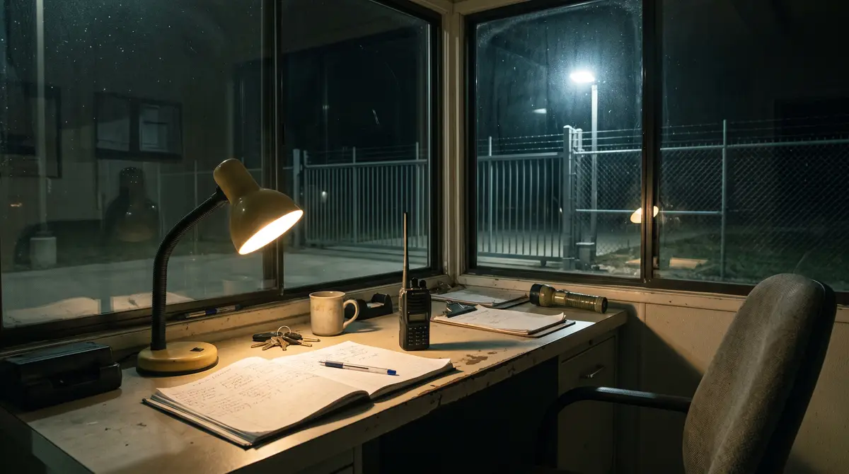 An open logbook and a two-way radio under a desk lamp in a guardhouse at night, with a closed gate and a floodlit fence line in the window.