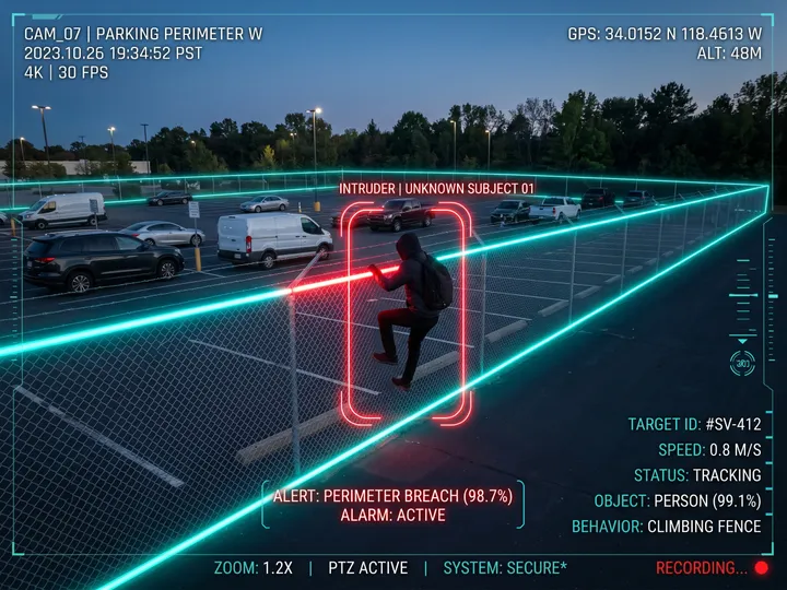 Camera feed detecting a person attempting to scale a perimeter fence