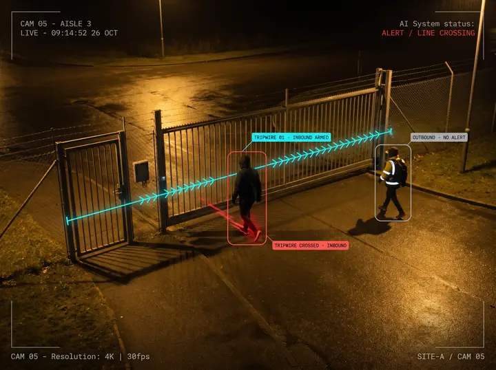 Directional tripwire drawn across a site gate: Nsightify alerts on the person crossing inbound and ignores the person walking outbound