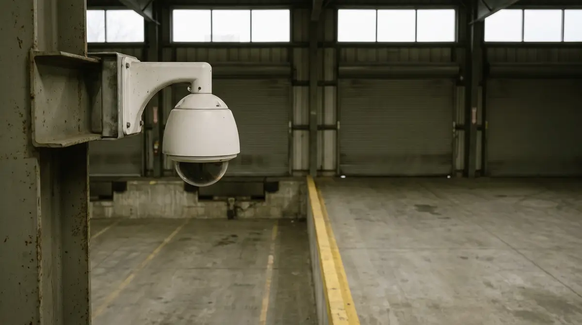 A dome security camera mounted above an empty warehouse loading dock with the dock doors closed and a painted floor line.