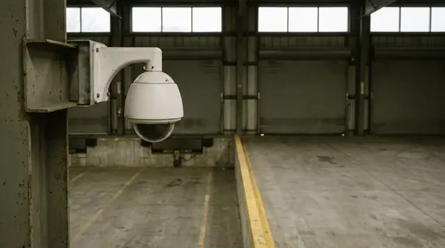 A dome security camera mounted above an empty warehouse loading dock with the dock doors closed and a painted floor line.