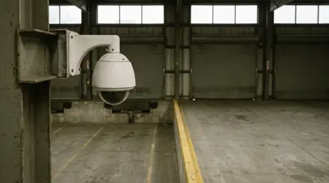 A dome security camera mounted above an empty warehouse loading dock with the dock doors closed and a painted floor line.