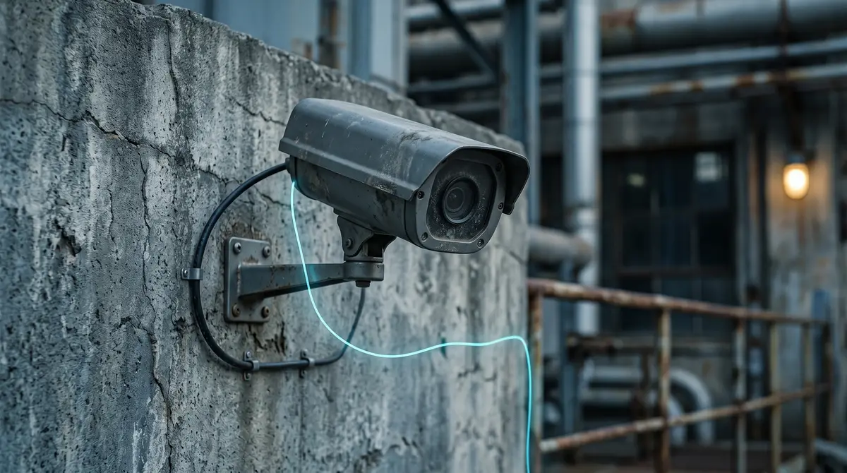 Close-up of an existing IP security camera mounted on a concrete wall at an industrial facility