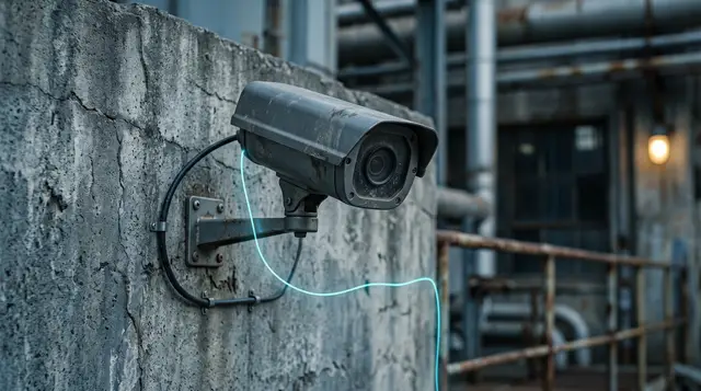 Close-up of an existing IP security camera mounted on a concrete wall at an industrial facility