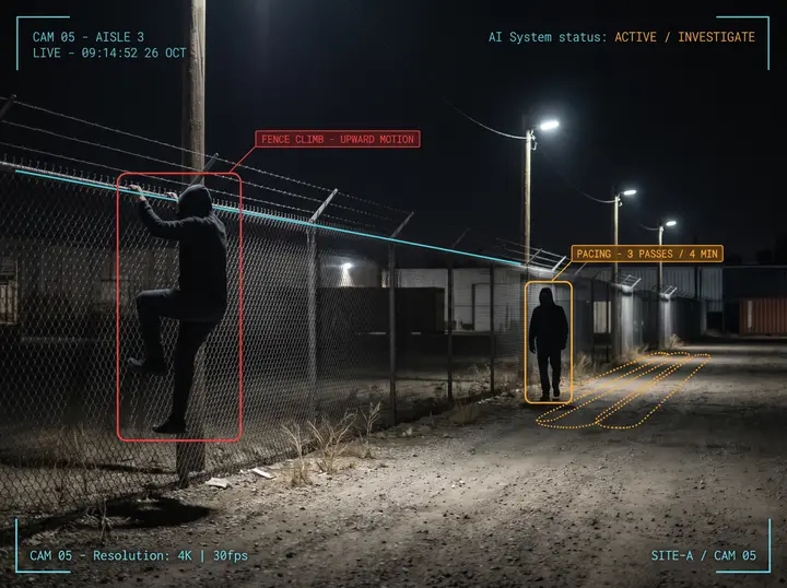 Nsightify flagging one person climbing a perimeter fence and a second whose repeated back-and-forth path along it is detected as pacing