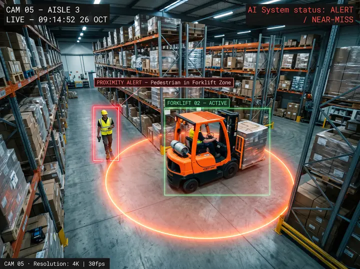 Nsightify alerting as a pedestrian enters the proximity zone of an active forklift in a warehouse aisle
