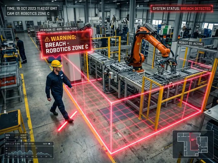 Nsightify exclusion zone drawn around an active robotic cell, raising a breach warning as a worker steps inside it