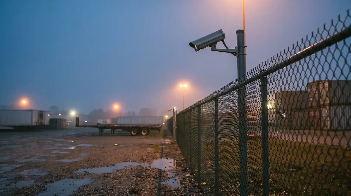 An industrial yard fence line at dusk in light rain, with a pole-mounted security camera angled along the fence and wet gravel reflecting sodium light.