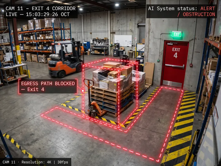 Nsightify detecting pallets blocking an emergency exit and generating an obstruction alert