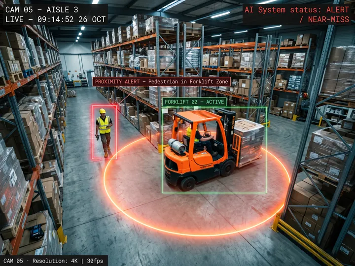 Nsightify alerting as a pedestrian enters the proximity zone of an active forklift