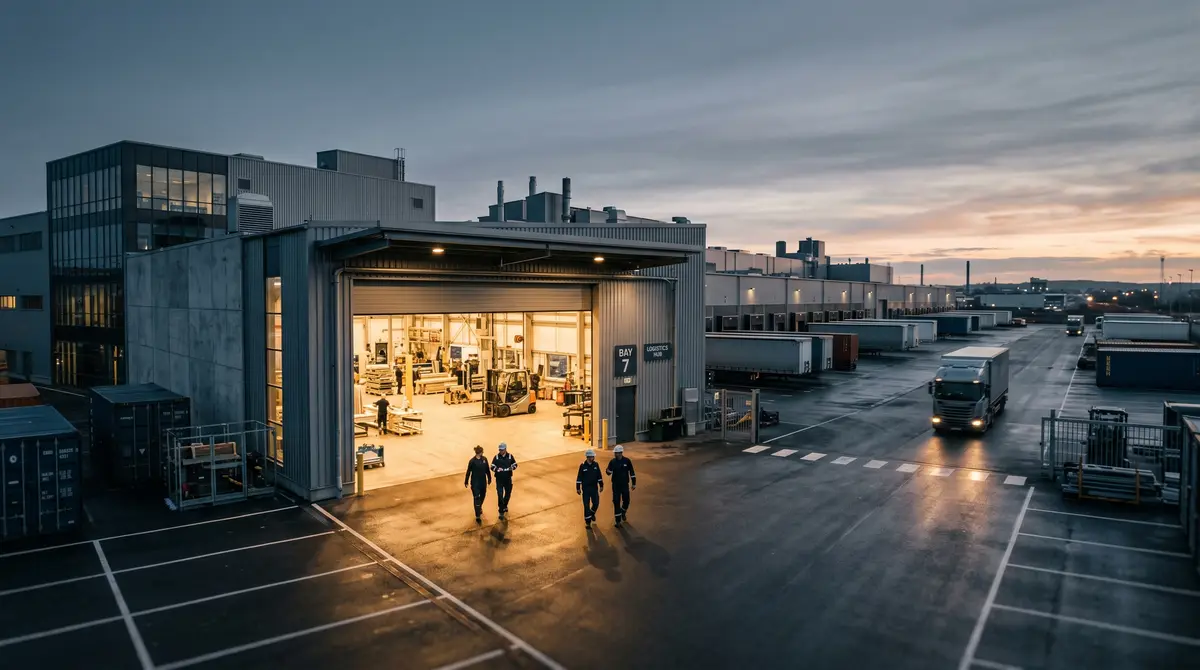 Wide view of a logistics and warehouse facility at dawn with workers walking toward an illuminated loading bay