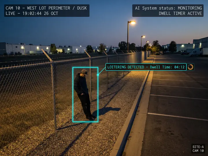 Nsightify flagging a person who has remained near a perimeter fence line longer than the allowed dwell time