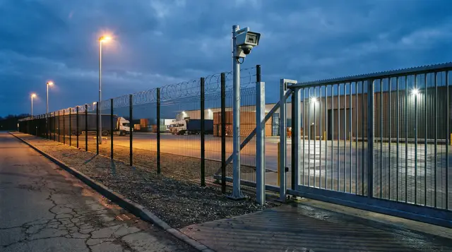 An industrial commercial facility perimeter fence line and automated gate at dusk with mounted security cameras and crisp exterior lighting.