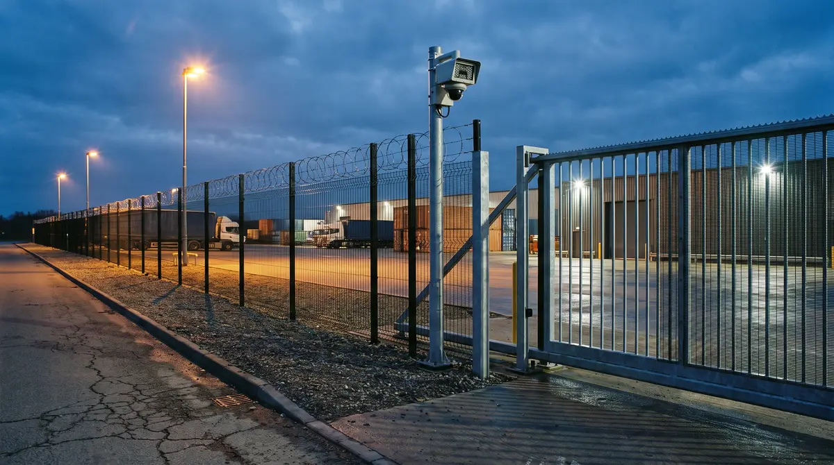 An industrial commercial facility perimeter fence line and automated gate at dusk with mounted security cameras and crisp exterior lighting.