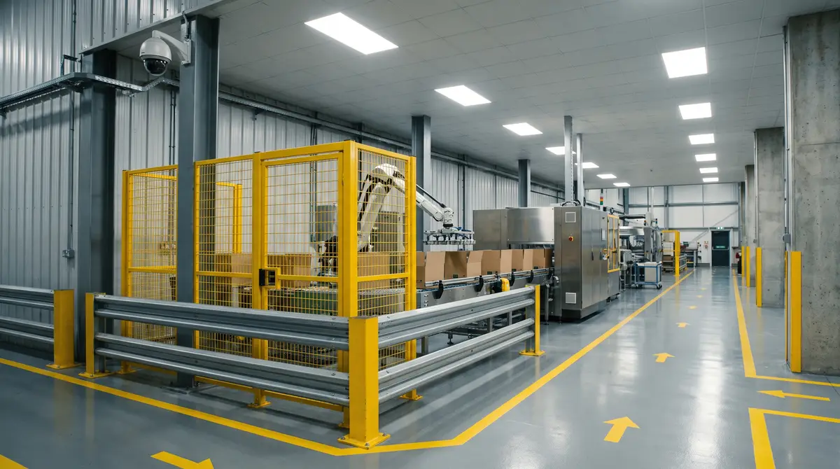 An automated industrial robotic cell in a modern manufacturing plant with high-visibility yellow perimeter floor markings and overhead surveillance cameras, under crisp natural facility lighting.