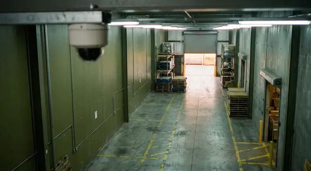 An unbranded dome security camera in the foreground of a warehouse corridor, with yellow floor markings, stacked pallets and an open roller door at the far end.