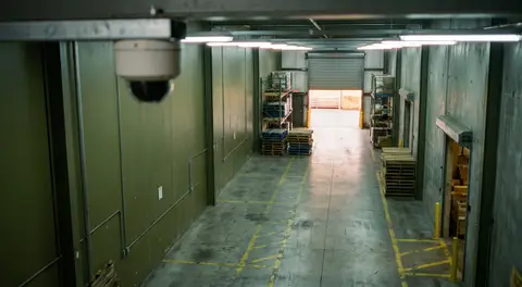 An unbranded dome security camera in the foreground of a warehouse corridor, with yellow floor markings, stacked pallets and an open roller door at the far end.