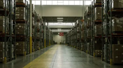 Empty loading dock aisle with a marked pedestrian walkway and an illuminated exit route sign overhead.