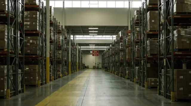 Empty loading dock aisle with a marked pedestrian walkway and an illuminated exit route sign overhead.