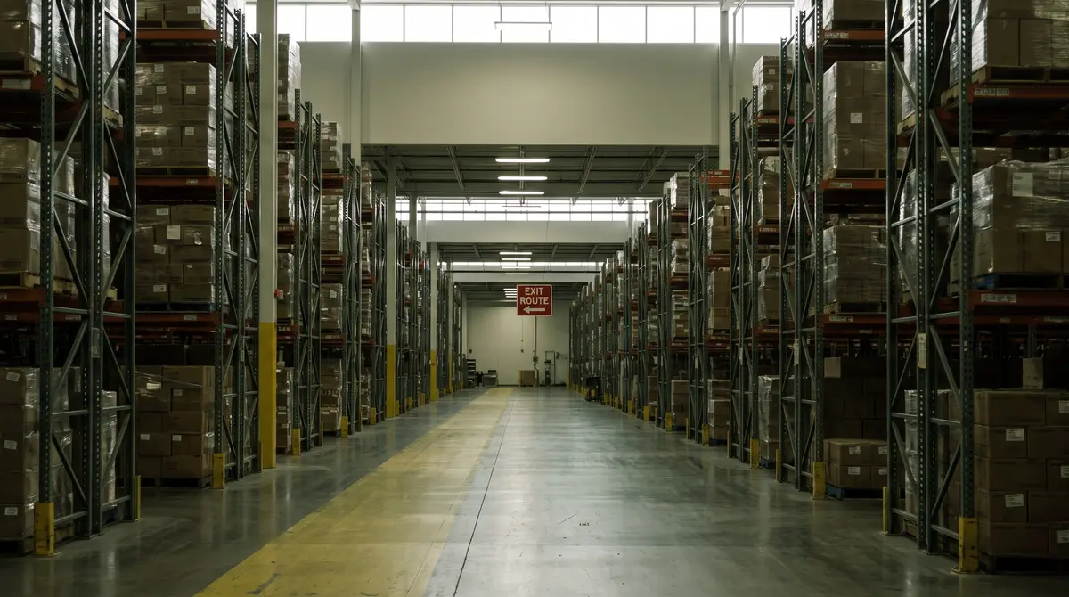 Empty loading dock aisle with a marked pedestrian walkway and an illuminated exit route sign overhead.