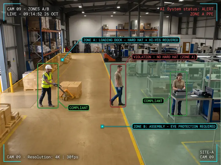 One camera view spanning two zones under different PPE rules — a loading dock requiring hard hat and hi-vis, an assembly area requiring eye protection — with Nsightify flagging a worker who crossed into the loading dock without a hard hat