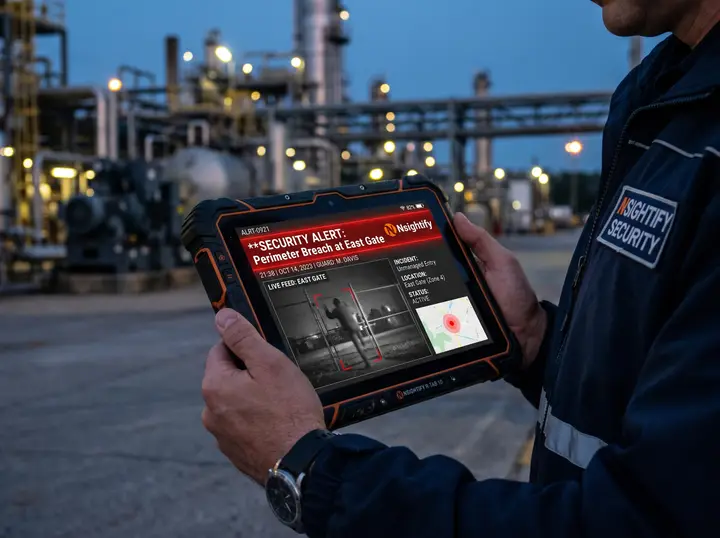 Security officer receiving an Nsightify perimeter breach alert on a rugged tablet at an industrial site