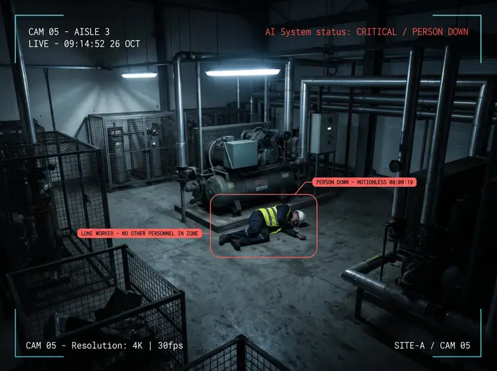 Nsightify raising a critical person-down alert for a lone worker lying motionless in an unattended plant room