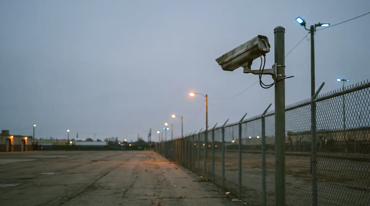 A pole-mounted security camera at dusk looking along a long chain-link fence line that recedes into the distance beside an empty paved yard.