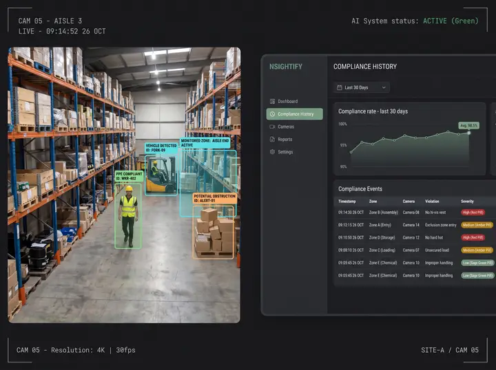 Nsightify compliance history dashboard listing timestamped PPE violations by zone, camera and severity beside the live camera feed