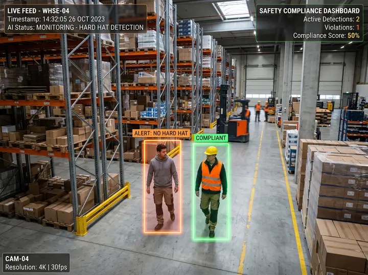 Warehouse camera feed with Nsightify PPE detection flagging a worker missing a hard hat beside a compliant worker in hard hat and hi-vis vest
