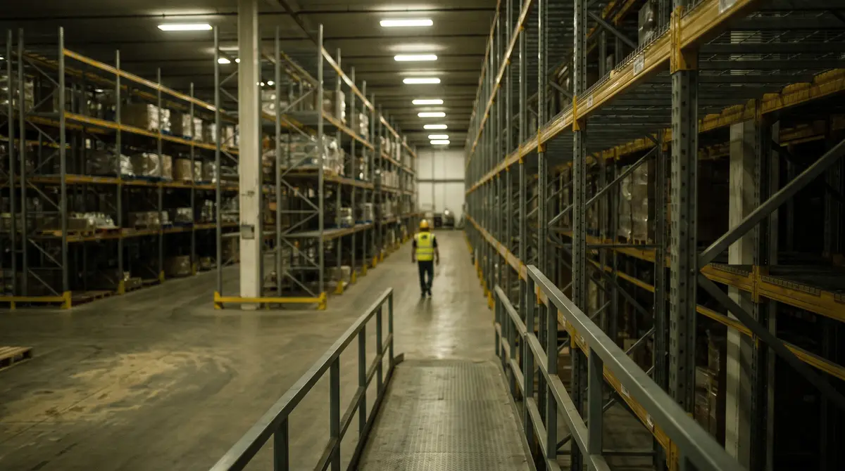 A worker in a high-visibility vest and hard hat seen from a distance down a warehouse aisle, small in frame and too far away for equipment detail to be legible.