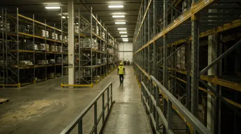 A worker in a high-visibility vest and hard hat seen from a distance down a warehouse aisle, small in frame and too far away for equipment detail to be legible.